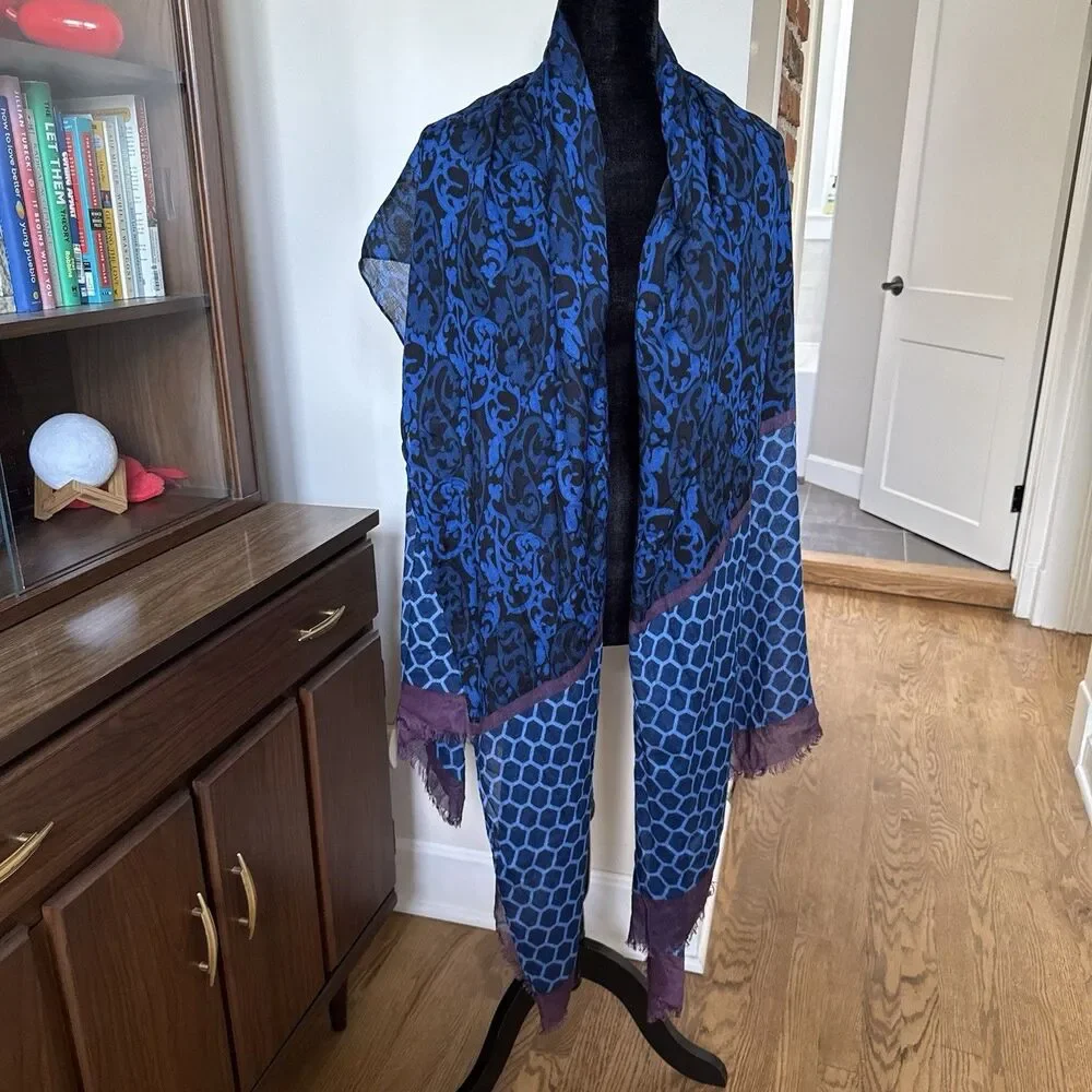 Ann Taylor NWT Blue And Purple Geometric Paisley Print Scarf Shawl Wrap 80”x44”